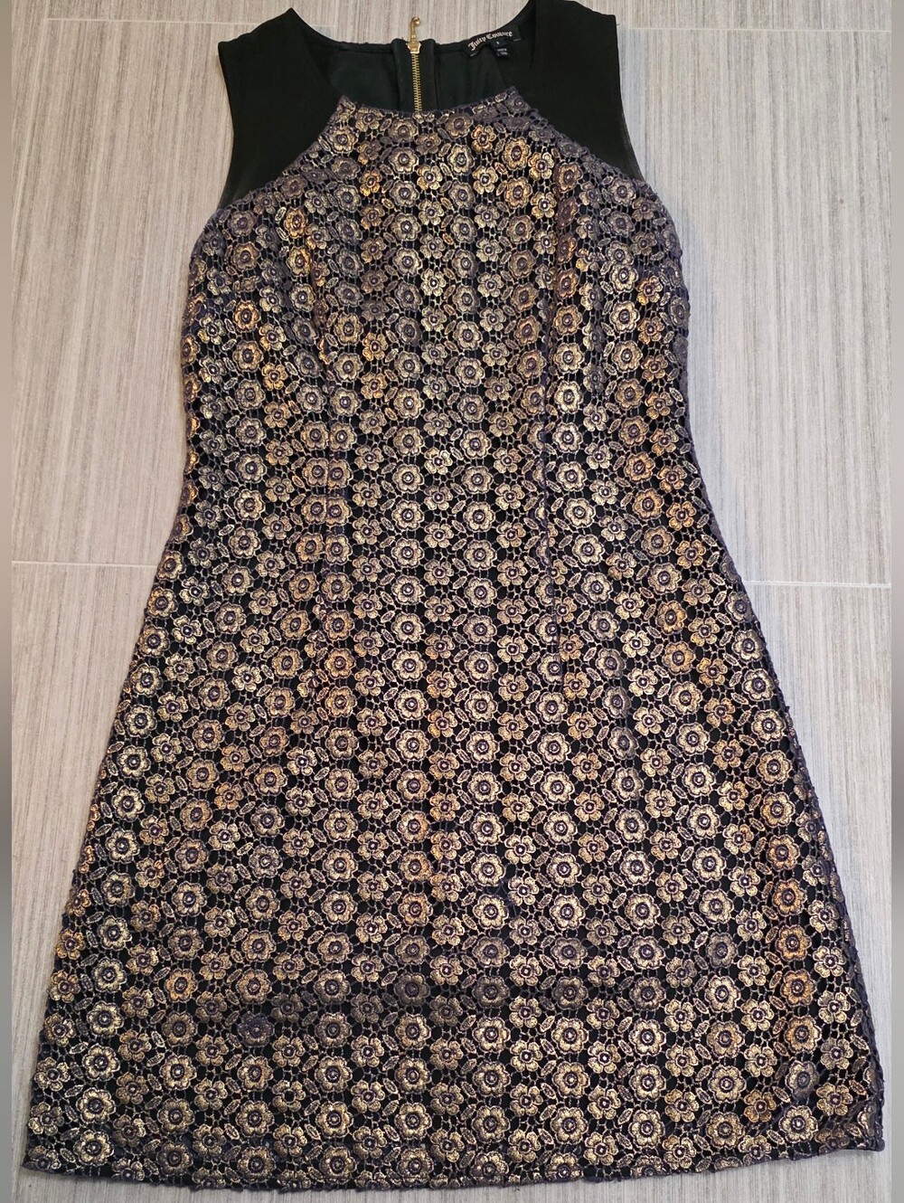 Juicy Couture Black and Gold Floral Jacquard Mini Dress Size 2